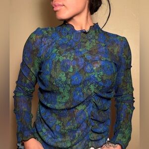 TOPSHOP Floral Blue Green Runched Mesh Women's Long-sleeve Top